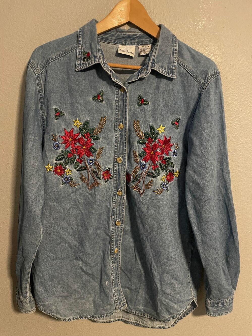 Vintage Bobbie Brooks Top Womens Medium Denim Poinsettia Embroidered Holiday 90s